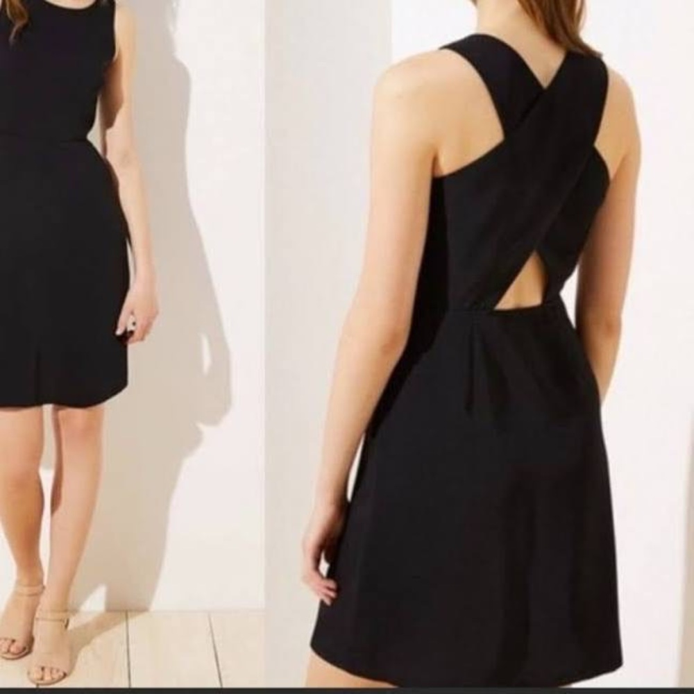 Loft black sheath dress crisscross back